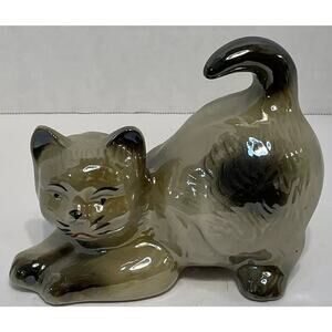 Vintage Brazilian Ceramic Cat Figurine Stretching Glazed Kitty‎ Decor
